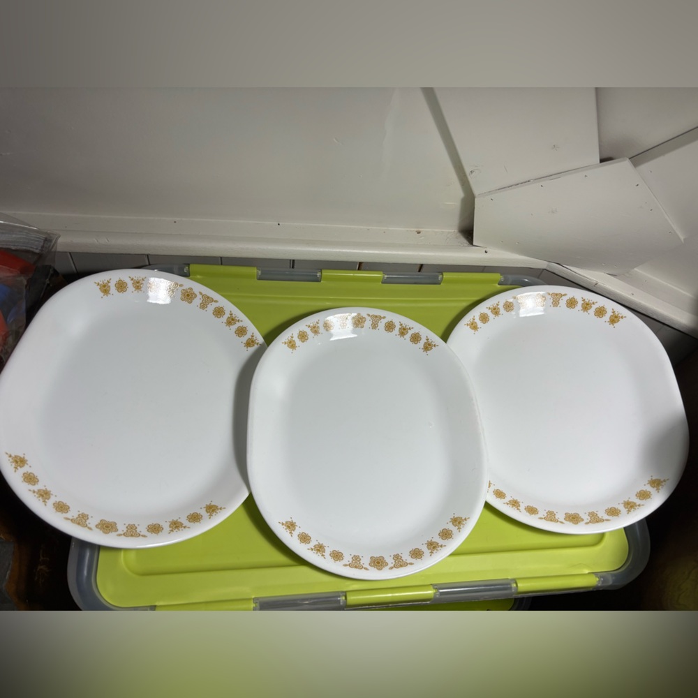 Three vintage Corelle Butterfly Gold large serving platters.